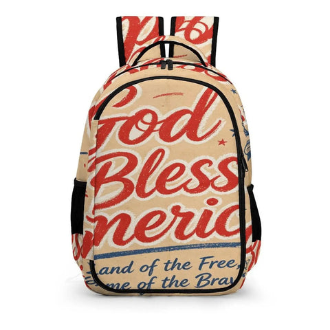 Patriotic USA Poster Print Backpack For Everyday Use with 'God Bless America' text, unisex large capacity daypack, durable polyester
