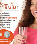 Woman holding a glass of water and taking a tablet, demonstrating how to consume Straight Up Premium Chromium Picolinate 1000 Mcg Tablets.