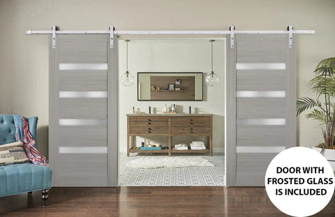 Sturdy Double Barn Door With Quadro 4113 Grey Ash And Frosted Glass, 13 Ft Stainless Steel Rail System, shown in modern interior.