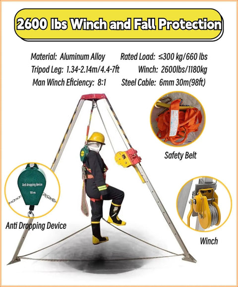 Rugged Confined Space Tripod Rescue Rig Featuring Heavy Duty Winch Choices And Dependable Fall Protection Gear For No Sweat Lifting Jobs In Deep Wells Manholes And Rooftop Sites with safety belt and anti-dropping device.