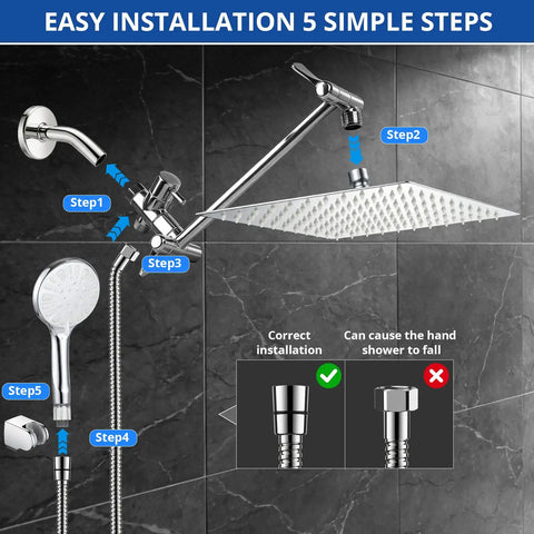 High Pressure Rainfall Shower Head Combo With Handheld Spray, 10 Inch Rain Face And 11 Inch Extension Arm, installation guide
