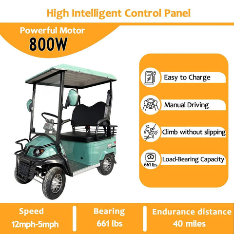 Sick Double Seat Electric Golf Cart Cruises Smooth Over Rough Terrain With Heavy Duty Independent Suspension And A Raw 800 Watt Motor Hitting 20 Mph Perfect For Country Roads Beach Shacks Hunting Plots And Country Ranches In Matte Green, featuring intelligent control panel