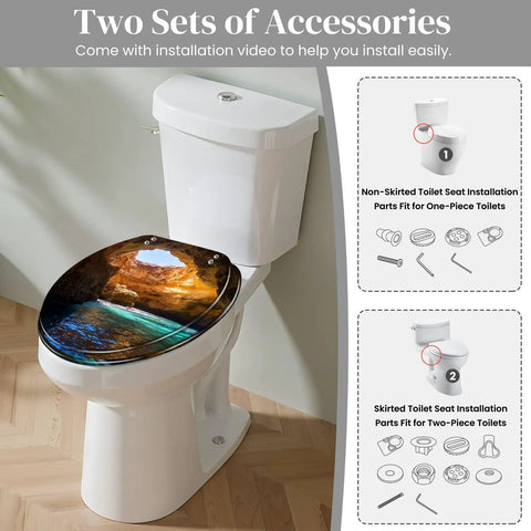 Laid Back Tropical Paradise Round Resin Toilet Seat Cover With Smooth Slow Close Action And Snappy Quick Release Hinges For Effortless Cleanup And A Tight Seal On Standard American Bathrooms, on a toilet with installation accessories.