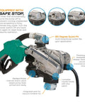 Workhorse 25 Gpm Fuel Transfer Pump With Auto Shutoff Nozzle showcases safe stop timer and multi-directional outlet.