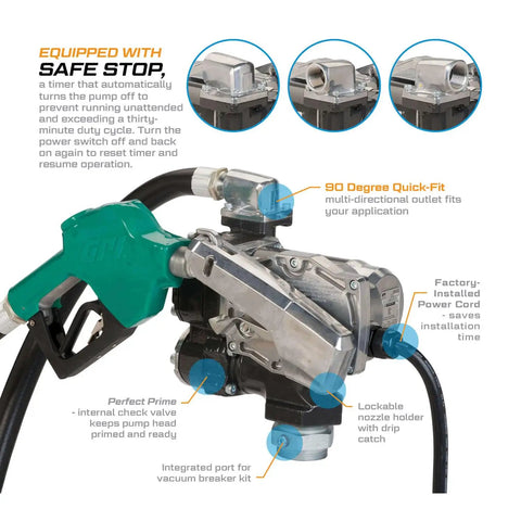 Workhorse 25 Gpm Fuel Transfer Pump With Auto Shutoff Nozzle showcases safe stop timer and multi-directional outlet.