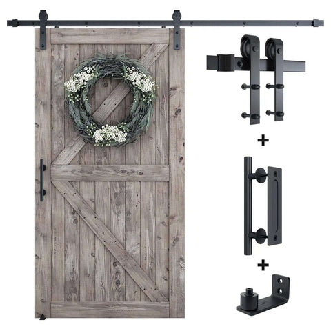 8 Foot Sliding Barn Door Hardware Kit With Track And Pull Handle Set And Floor Guide For 42 To 48 Inch Doors Smooth Quiet Operation And Easy Install Durable Rust Resistant Black Powder Coated Alloy