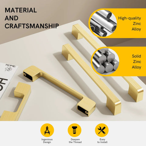 Gold Cabinet Pulls 10 Pack With Six And A Quarter Inch Hole Center Square Drawer Hardware Zinc Alloy Brushed Brass Finish display