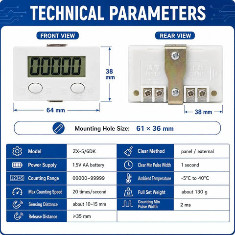 Super Smooth 5 Digit Digital Row Counter Counting Up To 99999 With Hella Snappy Auto Proximity Sensor and Heavy Duty Magnetic Grip showing front and rear views with technical parameters.