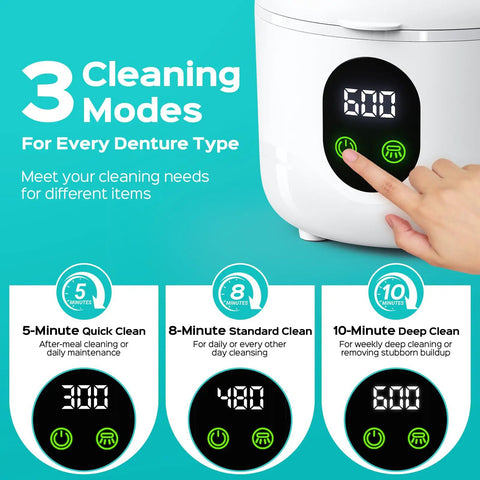 Display of cleaning modes on 45kHz Ultrasonic Retainer Cleaner Machine For Dentures, Mouth Guards, Aligners And Braces - Pro Grade Deep Cleaning, Removable Tank, Durable Home Use, White