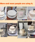 Top Shelf Buttercream Smoothing Machine With 35CM Adjustable Turntable and Thin Metal Blade in use with various cakes.