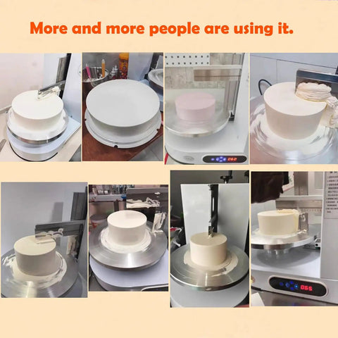 Top Shelf Buttercream Smoothing Machine With 35CM Adjustable Turntable and Thin Metal Blade in use with various cakes.