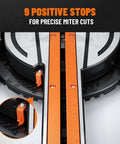Close-up of 9 positive stops on Slick 10 Inch Dual Bevel Sliding Compound Miter Saw for precise miter cuts.
