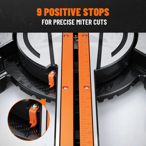 Close-up of 9 positive stops on Slick 10 Inch Dual Bevel Sliding Compound Miter Saw for precise miter cuts.