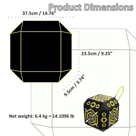 18 Sided Portable Foam Archery Target Block With Carry Handle dimensions and weight, showing neon yellow design and size details.