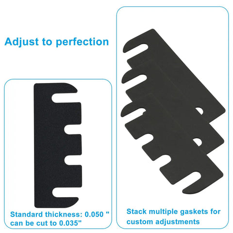 Door Hinge Shims 4 Inch PVC Spacers 10 Pack Quick Alignment Gap Filling Draft Stopping Universal Fit black rectangle shims shown.