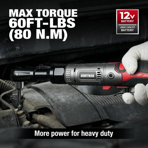 Cordless Three Eighths Inch Ratchet Wrench Set With Extended Head for Tight Spots, 60 ft-lbs torque, used under car hood