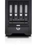 Front view of Heavy Duty 72TB Thunderbolt 3 Raid Drive Array with four drive bays, matte black housing for 4K and 8K editing.