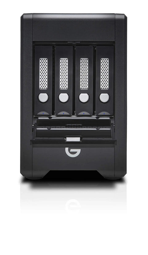 Front view of Heavy Duty 72TB Thunderbolt 3 Raid Drive Array with four drive bays, matte black housing for 4K and 8K editing.