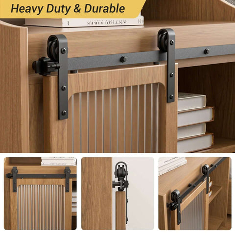 Sliding Barn Door Hardware Kit For Closet And Cabinet, 3 Foot Mini Track System With 36 Inch Track, Carbon Steel Frosted Black Finish viewed on wooden cabinet