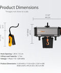 Product dimensions of No Nonsense Heavy Duty Electric Chain Hoist featuring lift capacity and voltage specifications.