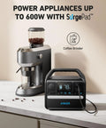 521 Portable Power Station With LiFePO4 Battery 256Wh next to a coffee grinder on a kitchen counter.