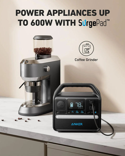521 Portable Power Station With LiFePO4 Battery 256Wh next to a coffee grinder on a kitchen counter.