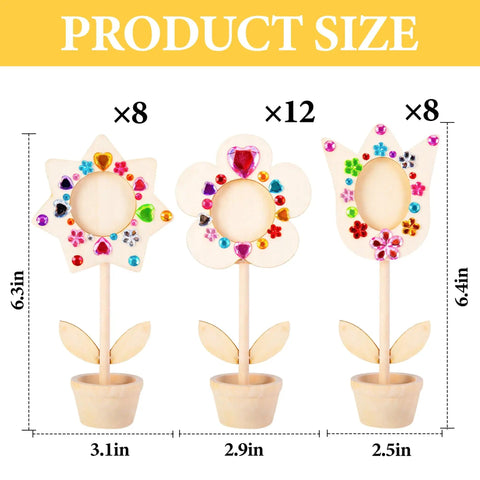 DIY Paintable Wooden Flower Photo Holders And Picture Frames Craft Kit With 28 Unfinished Flower Ornaments, Gem Stickers And Three Styles