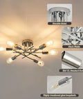 Six Lights Semi Flush Mount Ceiling Fixture With Modern Chrome Matte Finish Sputnik Chandelier showing design and materials.