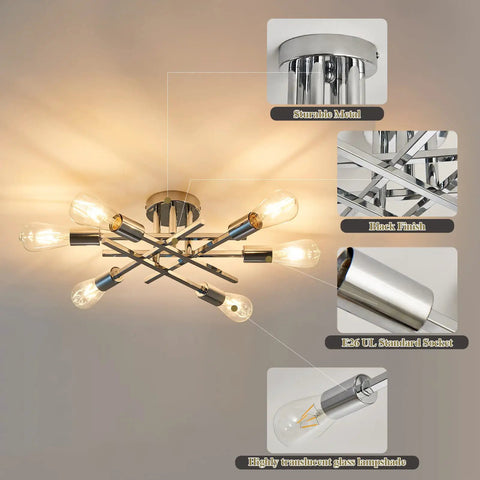Six Lights Semi Flush Mount Ceiling Fixture With Modern Chrome Matte Finish Sputnik Chandelier showing design and materials.