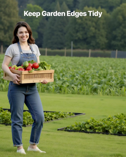 Person holding vegetables with garden beds bordered by No Dig Garden Edging Border Kit With 60 Spikes, 10 Pieces of 6 Feet Each.