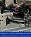 Hella Loud Badass 12V Car Air Horn With Integrated Compressor And Dual Trumpets Super 120dB Waterproof showing two black horns and motor.
