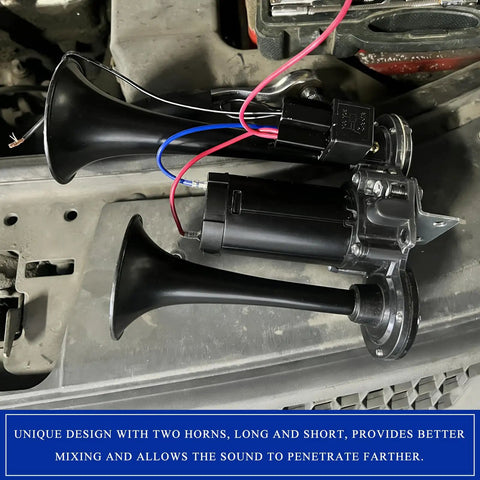 Hella Loud Badass 12V Car Air Horn With Integrated Compressor And Dual Trumpets Super 120dB Waterproof showing two black horns and motor.
