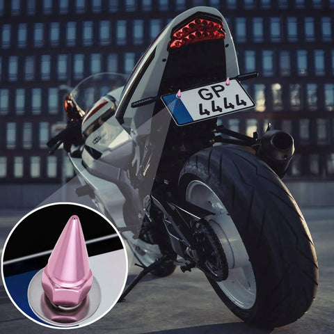 Rear view of a motorcycle with pink spiked screws on license plate, featuring Dope Spiked License Plate Screws Fasteners Kit For Cars Trucks And Motorcycles Decorative Pink Anti Theft Stainless Steel And Aluminum Bolts Fits Most Vehicles Easy Install.