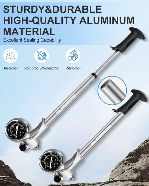 Pro Grade High Pressure Bike Shock Pump With Gauge, 300 PSI Max For Mountain Bike Suspension, Schrader Valve, aluminum build