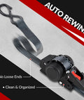 2 Pack Self Retracting Ratchet Tie Downs 1 Inch Wide 10 Feet Long With Auto Rewind 1200 Pound Break Strength No Loose Ends displayed