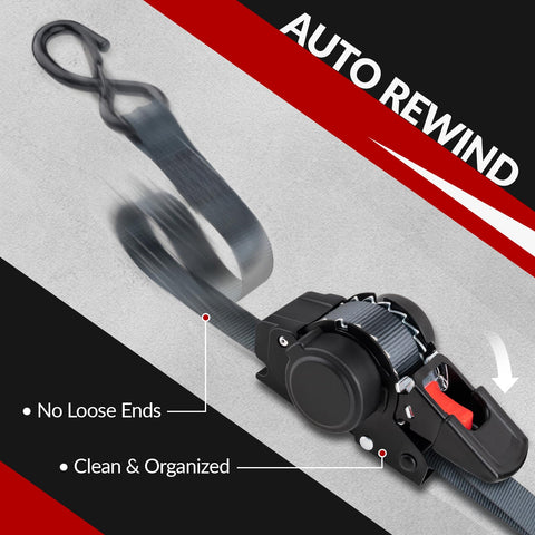 2 Pack Self Retracting Ratchet Tie Downs 1 Inch Wide 10 Feet Long With Auto Rewind 1200 Pound Break Strength No Loose Ends displayed