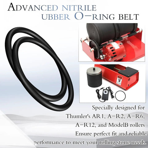 5 Pack Rock Tumbler Drive Belts Premium Buna N O Ring For Thumler's A R1 A R2 A R3 A R6 A R12 And B401 Models with images of belts and tumblers