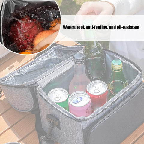 Spill Proof Insulated Cooler Backpack With Hella Tough Oxford Fabric And Multiple Compartments, showing beverages inside.