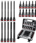Heavy Duty 24 Piece 3/8inch Drive Impact Torx Bit Socket Set With S2 Steel Star Bits And Extra Long Inch Extensions Covering T10 To T60 Sizes, case