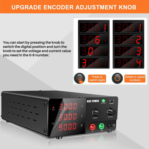 High Power Bench Power Supply 30V 30A 900W with encoder knob adjustment details and digital display for labs and repair work.
