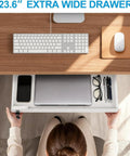 No Sweat Under Desk Drawer Storage With Heavy Duty Steel Tray and Secure Copper Lock for Papers Laptops and Pencils Plus Silent Ball Bearing Slides shown under a desk.
