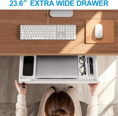 No Sweat Under Desk Drawer Storage With Heavy Duty Steel Tray and Secure Copper Lock for Papers Laptops and Pencils Plus Silent Ball Bearing Slides shown under a desk.