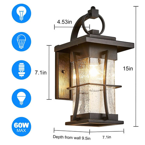 Outdoor Dope Wall Sconces Matte Black Metal Lanterns With Clear Seeded Glass Waterproof Exterior Lighting dimensions chart
