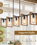 53 Inch Farmhouse Kitchen Island Light Five Light Adjustable Dining Room Wood And Black Metal Chandelier Dope Rustic Hanging Fixture For Kitchen And Pool Table Lighting Bulbs Not Included, close-up showing natural wood frame and E26 socket details.