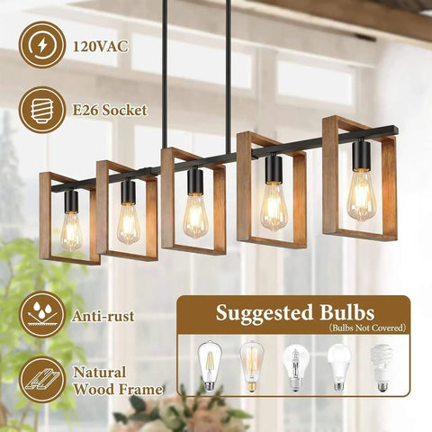 53 Inch Farmhouse Kitchen Island Light Five Light Adjustable Dining Room Wood And Black Metal Chandelier Dope Rustic Hanging Fixture For Kitchen And Pool Table Lighting Bulbs Not Included, close-up showing natural wood frame and E26 socket details.