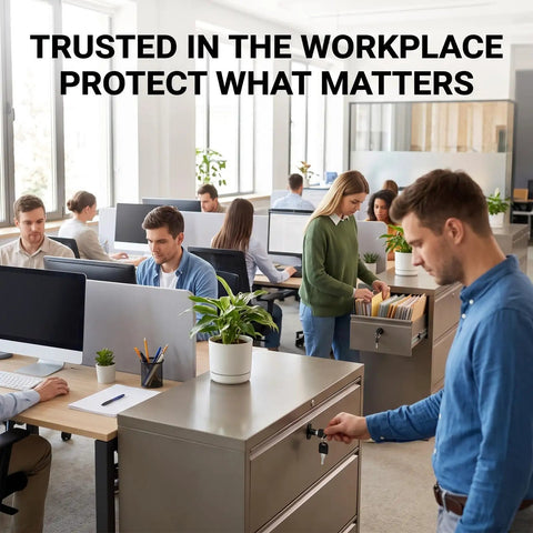 Office scene with man locking a file cabinet using 2 Pack Heavy Duty 3 Way Linkage File Cabinet Locks With Keys For Office Desk Storage Lock Down Your Confidential Docs With A Cam And Cylinder Lock System Keeping Data Safe From Thieves.