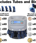 Pro Level Automatic Us Coin Sorter And Lcd Counter with tubes and bins for sorting dimes, quarters, nickels, pennies at 270/min.