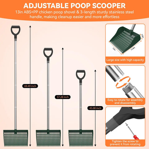 2-In-1 Chicken Coop Poop Scooper And Rake With 13-Inch Wider PP Head And Adjustable Stainless Steel Handle shown with features