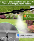 Outdoor Misting Cooling System 30 Ft Kit With Brass Nozzles And UV Tubing DIY Patio Garden Cooler For Pool BBQ And Greenhouse Water Saving High Pressure Mister With Clog Free Filtration visible with brass nozzle spraying mist in garden setting