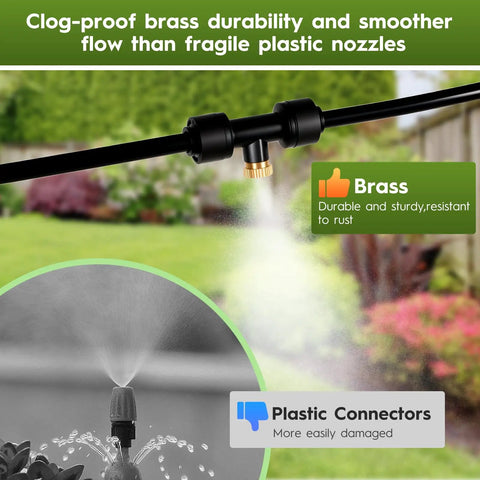 Outdoor Misting Cooling System 30 Ft Kit With Brass Nozzles And UV Tubing DIY Patio Garden Cooler For Pool BBQ And Greenhouse Water Saving High Pressure Mister With Clog Free Filtration visible with brass nozzle spraying mist in garden setting